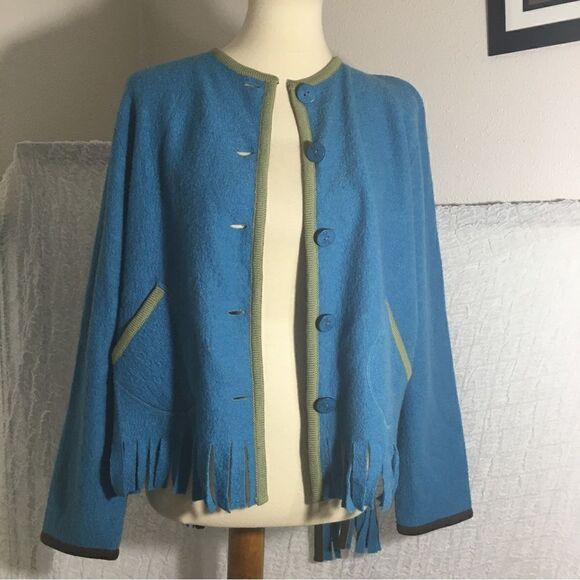 Hearts of Palm 100% Wool Blue Fringed Sweater Size Large - Picture 8 of 12